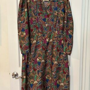 VINTAGE 1970s Multicolor Paisley Long Sleeve Dress Silky Satin VTG from France